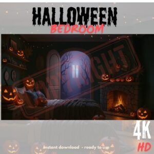 Halloween bedroom 4K HD with jack-o-lanterns, fireplace, and spooky window view - instant download