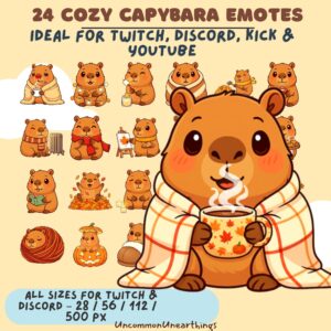 24 cozy capybara emotes for Twitch, Discord, Kick and YouTube in multiple sizes