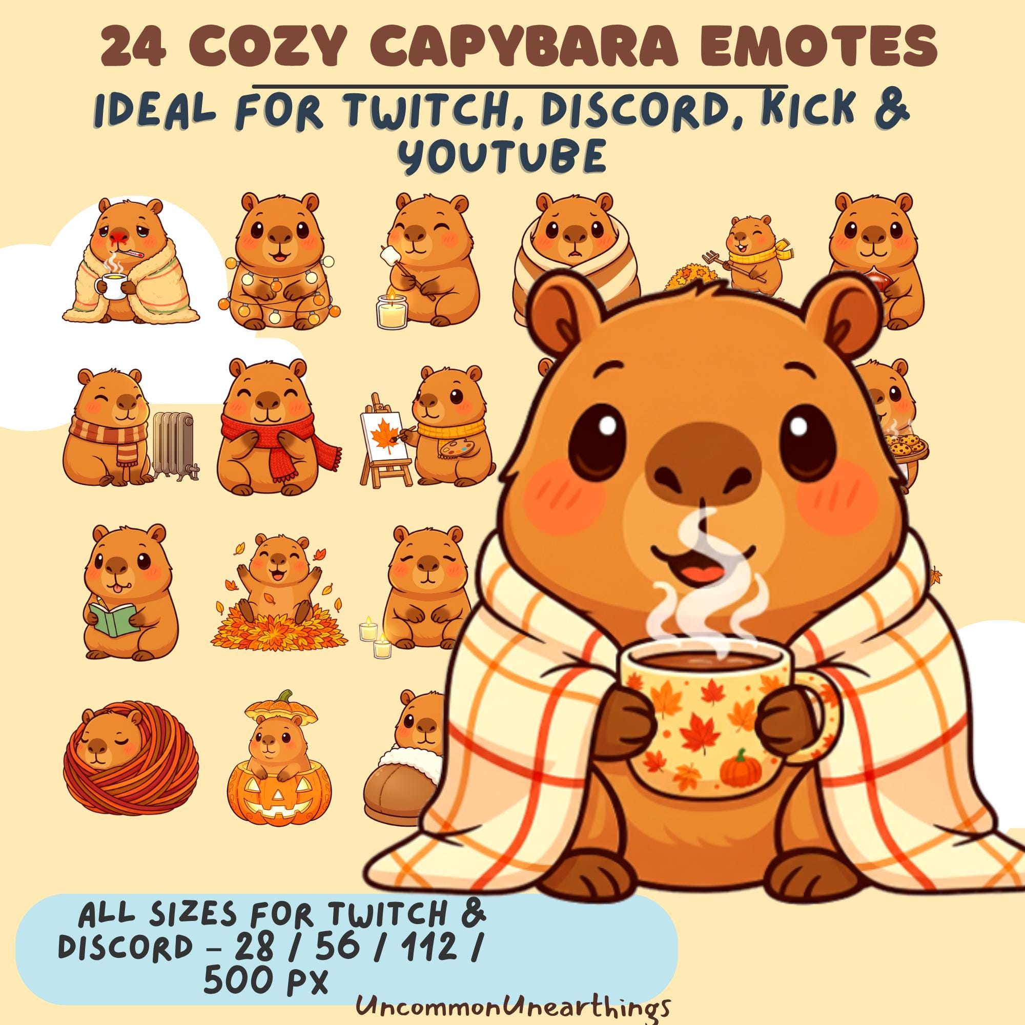 24 cozy capybara emotes for Twitch, Discord, Kick and YouTube in multiple sizes