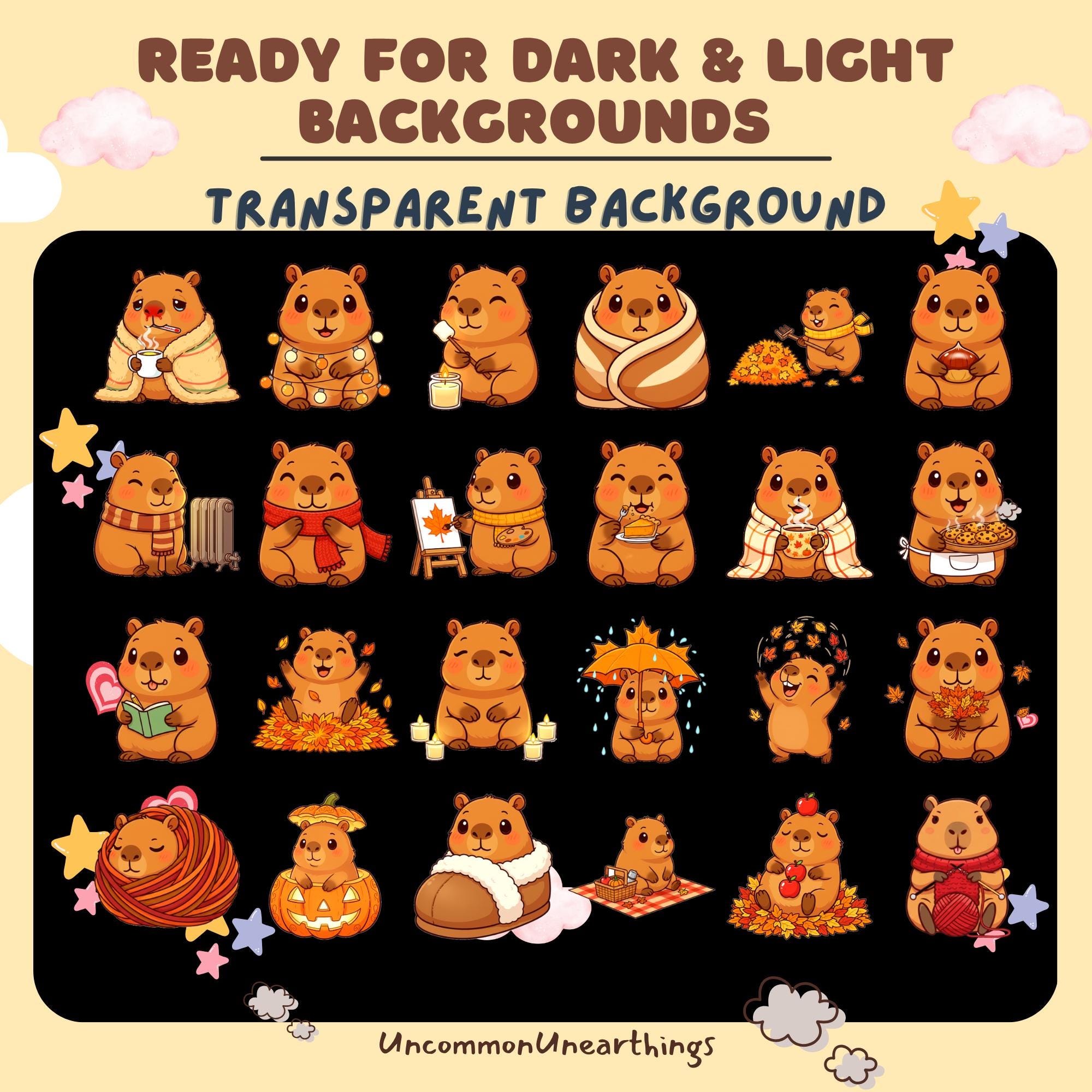 Cute autumn hamster emotes collection with transparent background, ready for dark and light backgrounds