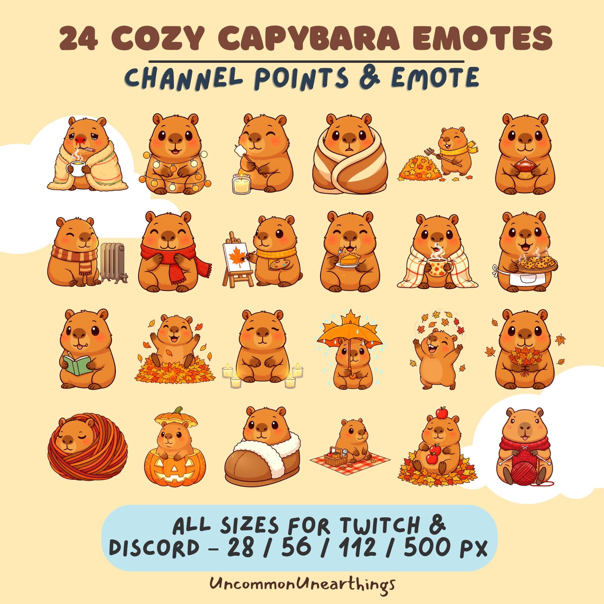 24 cozy capybara emotes for Twitch and Discord in multiple sizes, featuring cute cartoon capybaras in autumn themes