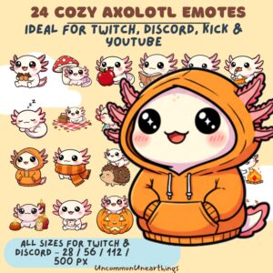 Cozy axolotl emotes pack for Twitch Discord YouTube - 24 cute pink axolotl character designs in multiple sizes