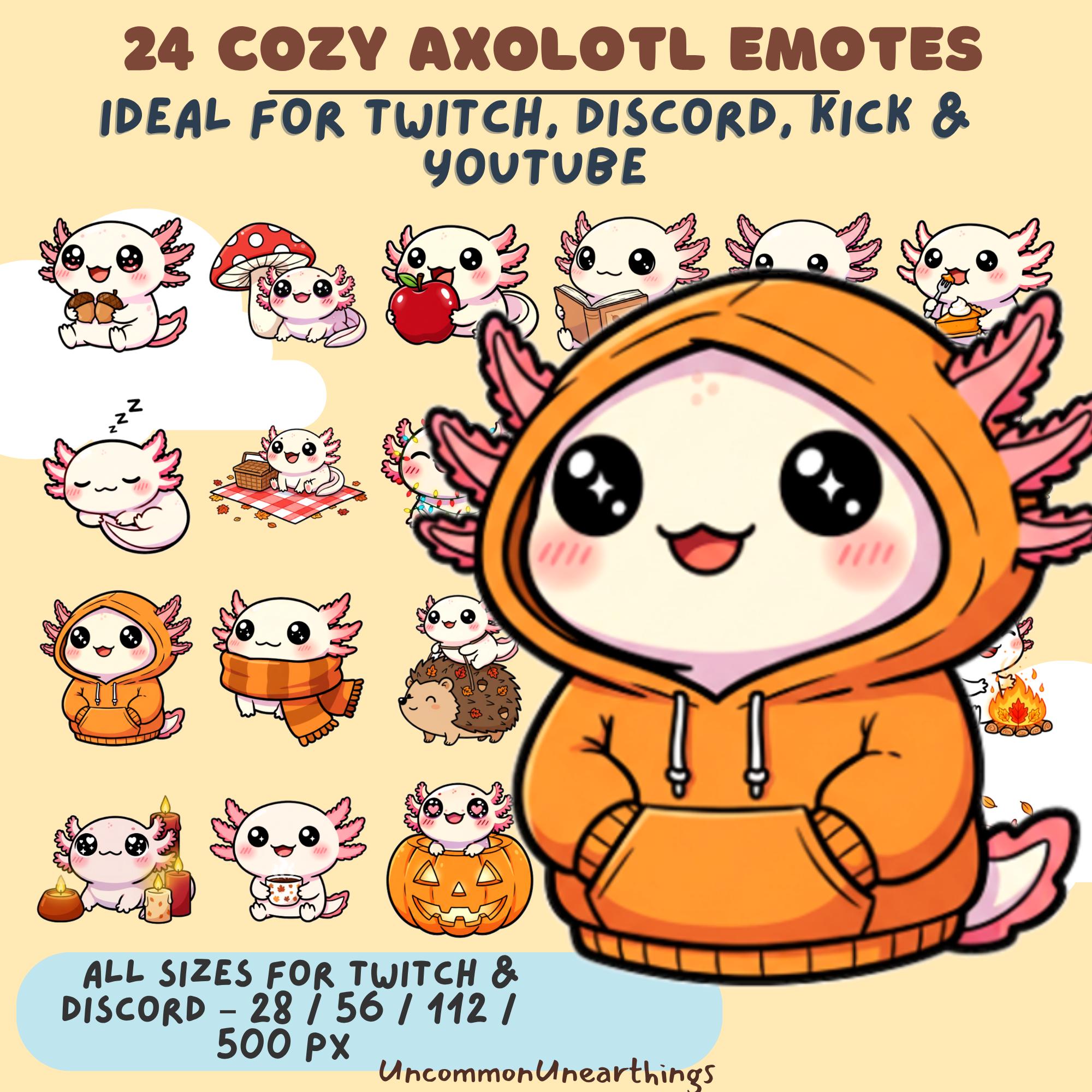 Cozy axolotl emotes pack for Twitch Discord YouTube - 24 cute pink axolotl character designs in multiple sizes