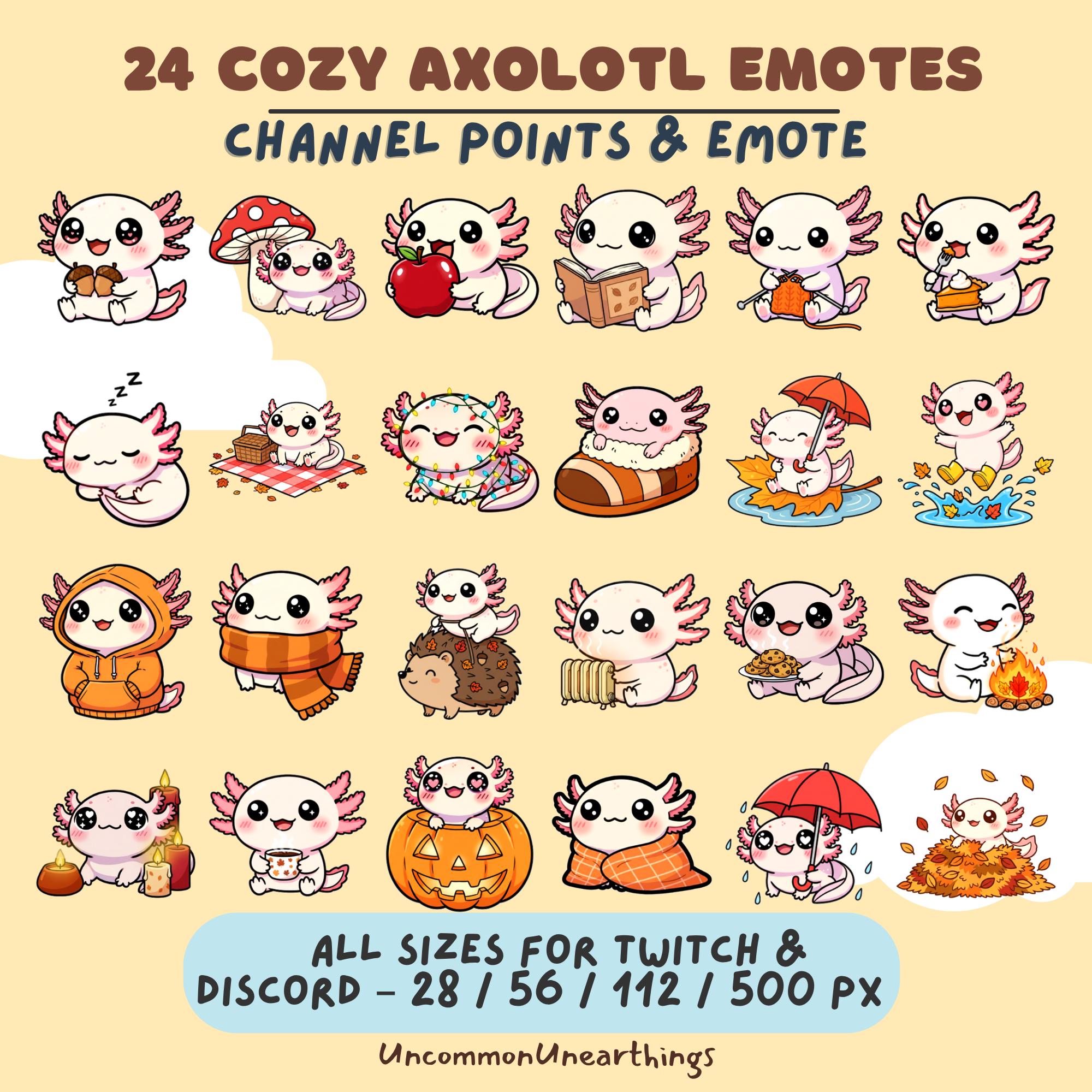24 cozy axolotl emotes for Twitch and Discord in multiple sizes, cute pink character designs with seasonal themes