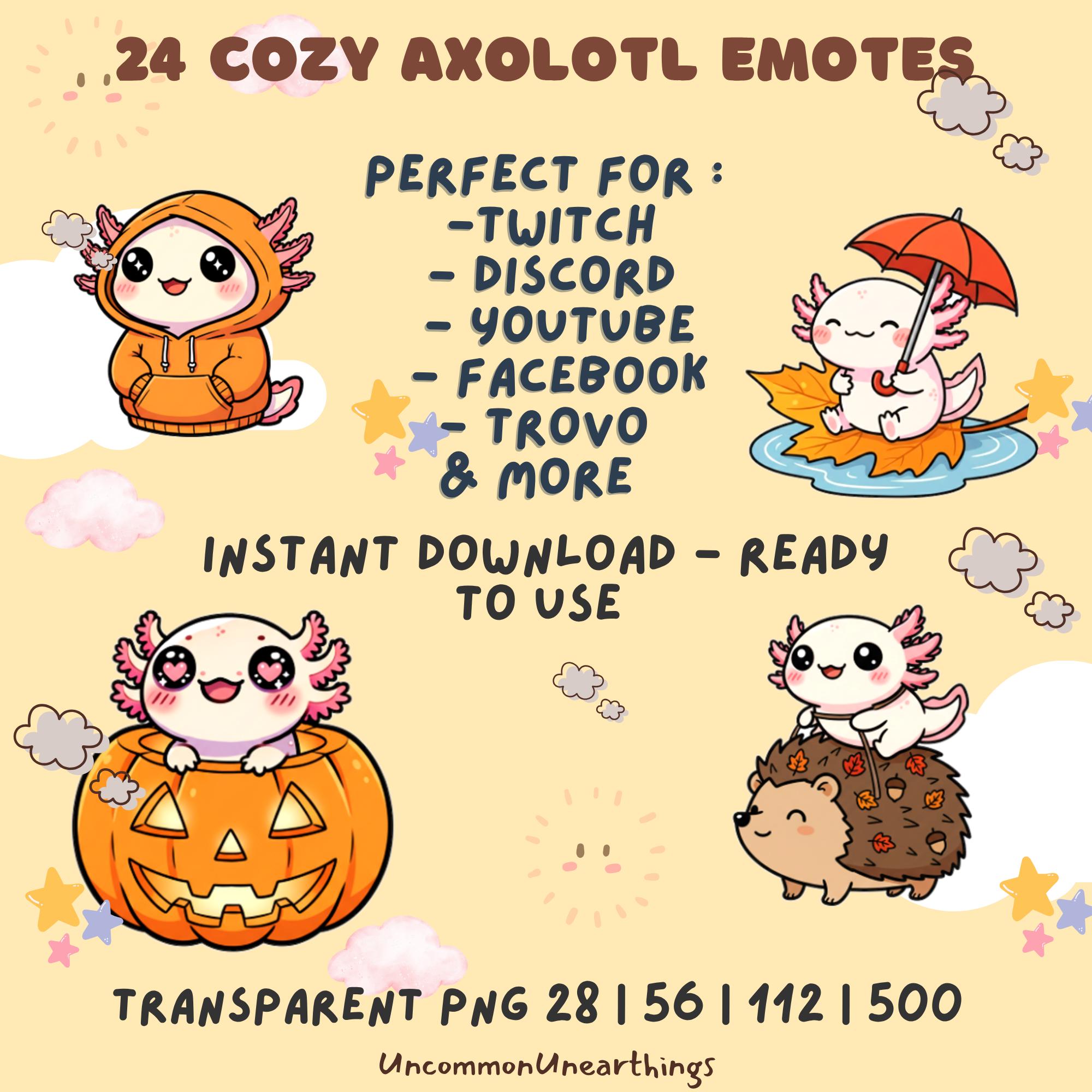 Cozy Axolotl Emotes for Twitch Discord YouTube - 24 Cute Anime Emote Pack Instant Download PNG
