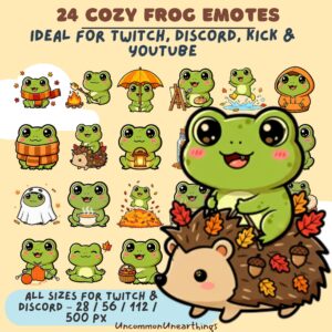 24 cozy frog emotes for Twitch Discord Kick YouTube in autumn fall theme with hedgehog character
