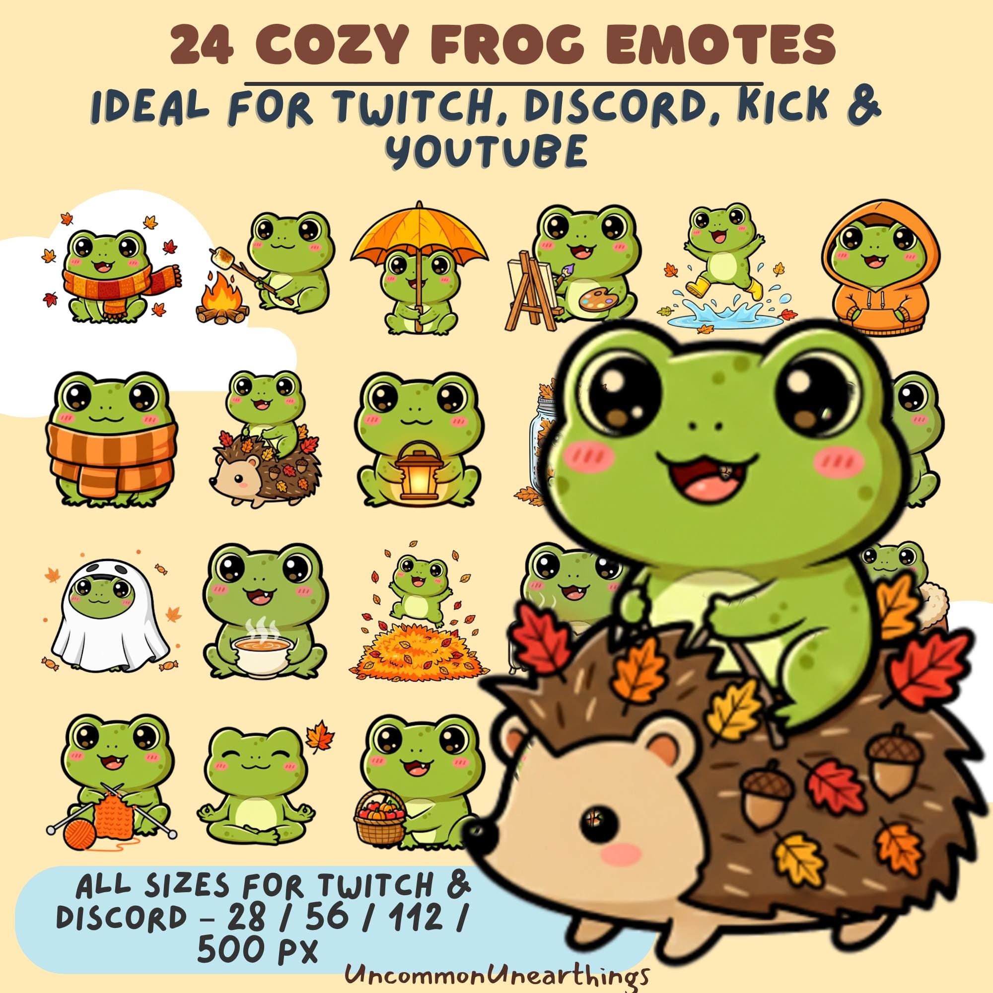 24 cozy frog emotes for Twitch Discord Kick YouTube in autumn fall theme with hedgehog character