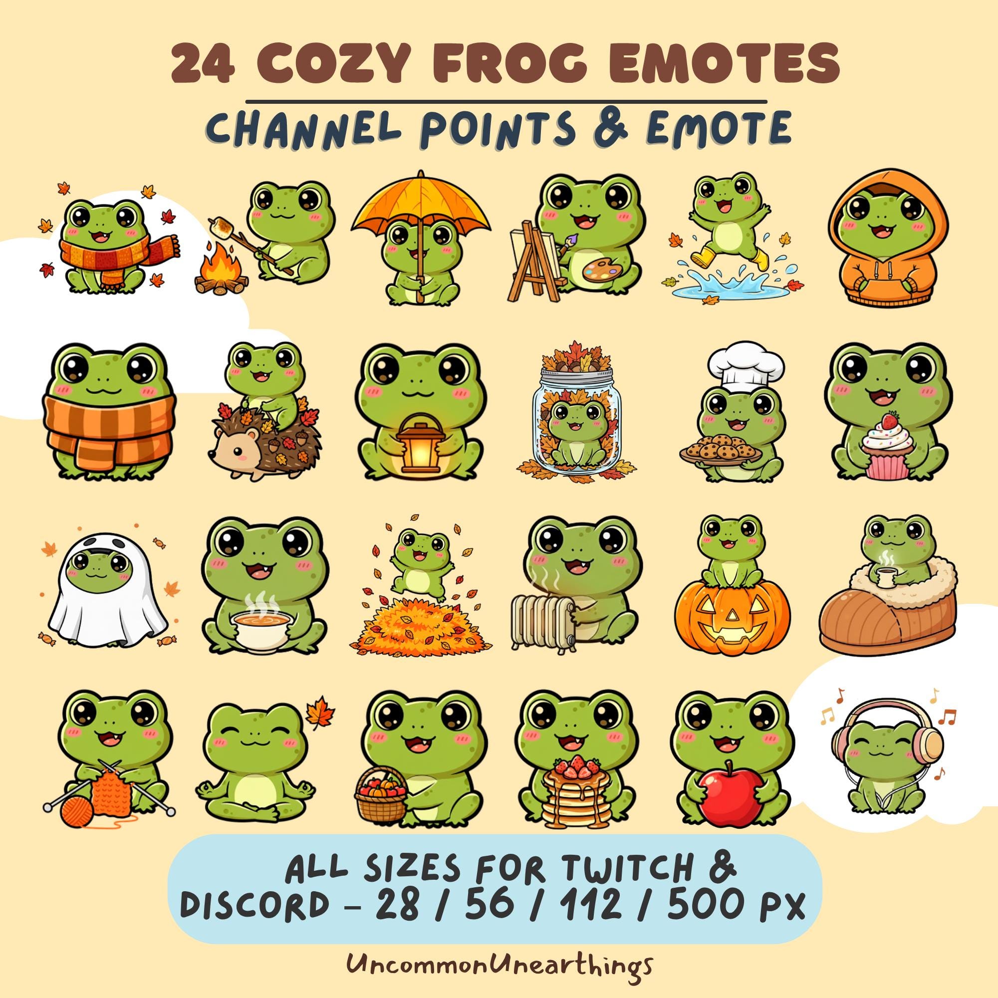 24 cozy frog emotes for Twitch and Discord in multiple sizes - cute autumn and seasonal themed emoticons