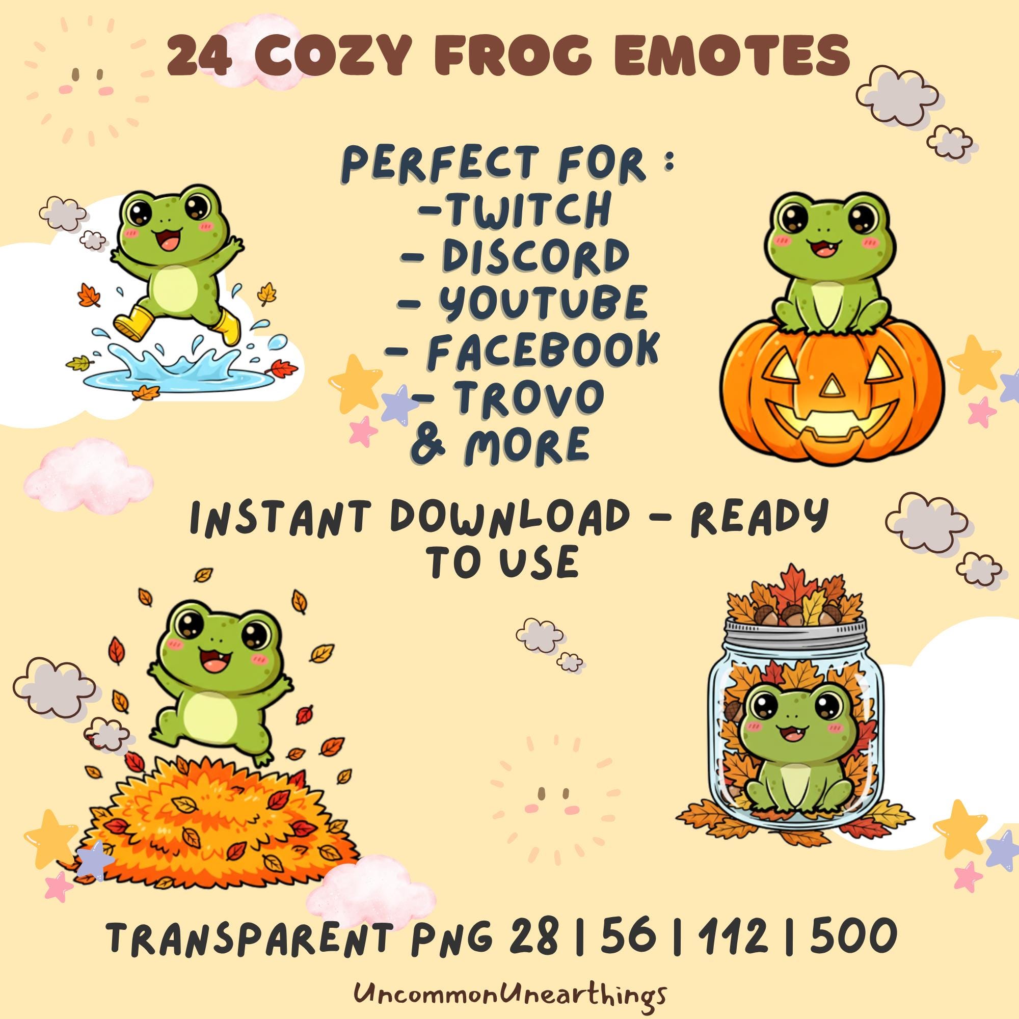 24 cozy frog emotes for Twitch Discord YouTube Facebook Trovo instant download transparent PNG