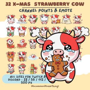 32 Christmas strawberry cow emotes for Twitch and Discord in multiple sizes with festive holiday designs and expressions.