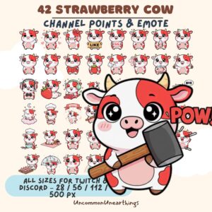 Strawberry Cow Twitch Discord Emotes 42 Channel Points Cute Kawaii Chibi Character Emote Pack