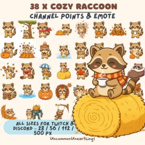 Cozy Raccoon Twitch Discord Emotes - 38 Cute Autumn Emoticons in Multiple Sizes for Streaming Channels