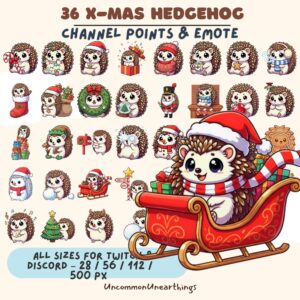 36 Christmas hedgehog emotes and channel points for Twitch and Discord in multiple sizes