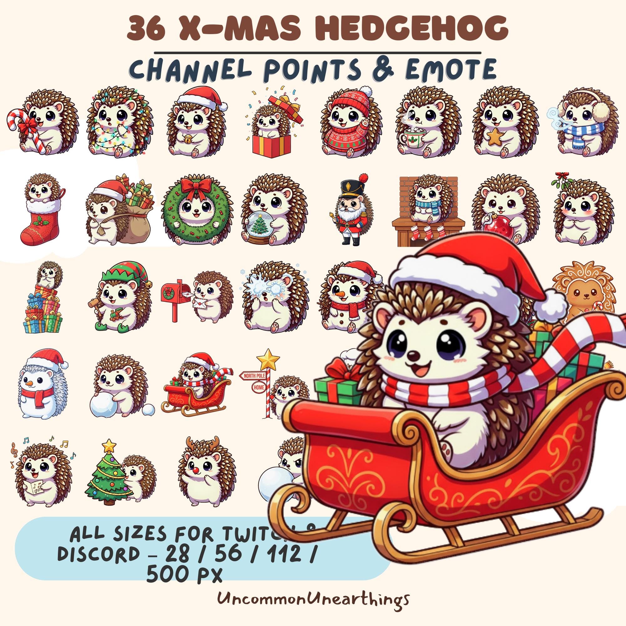 36 Christmas hedgehog emotes and channel points for Twitch and Discord in multiple sizes