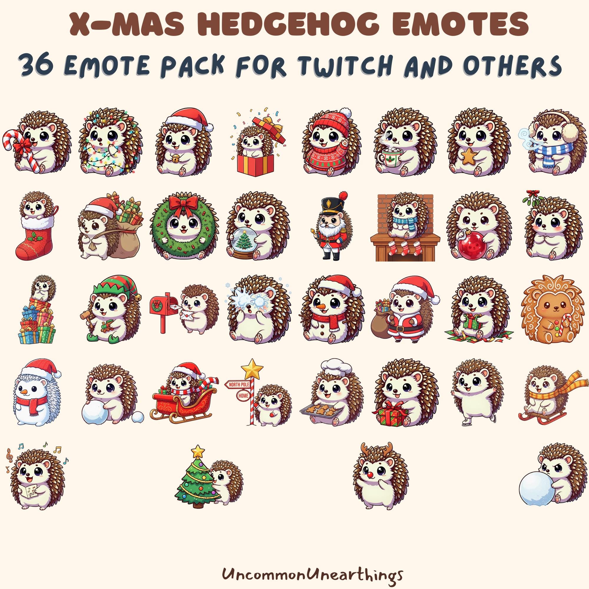 Christmas hedgehog emotes pack with 36 cute holiday-themed designs for Twitch and Discord streaming platforms
