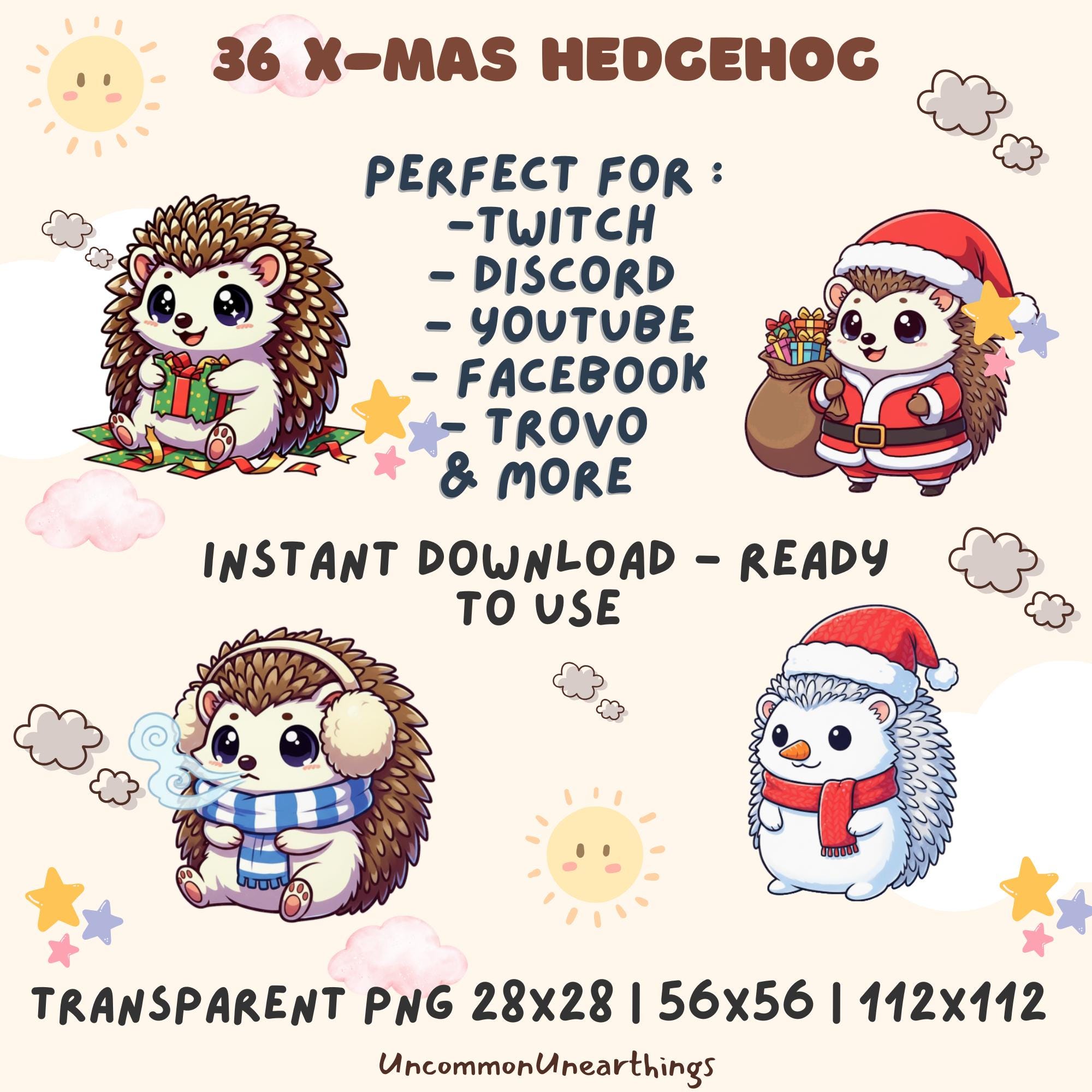 Cute Christmas hedgehog emote pack for Twitch, Discord, YouTube - transparent PNG instant download in 3 sizes
