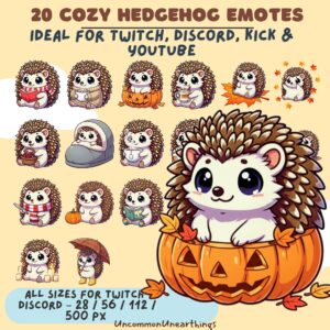 20 cozy hedgehog emotes for Twitch, Discord, Kick and YouTube in autumn theme with pumpkins and fall leaves