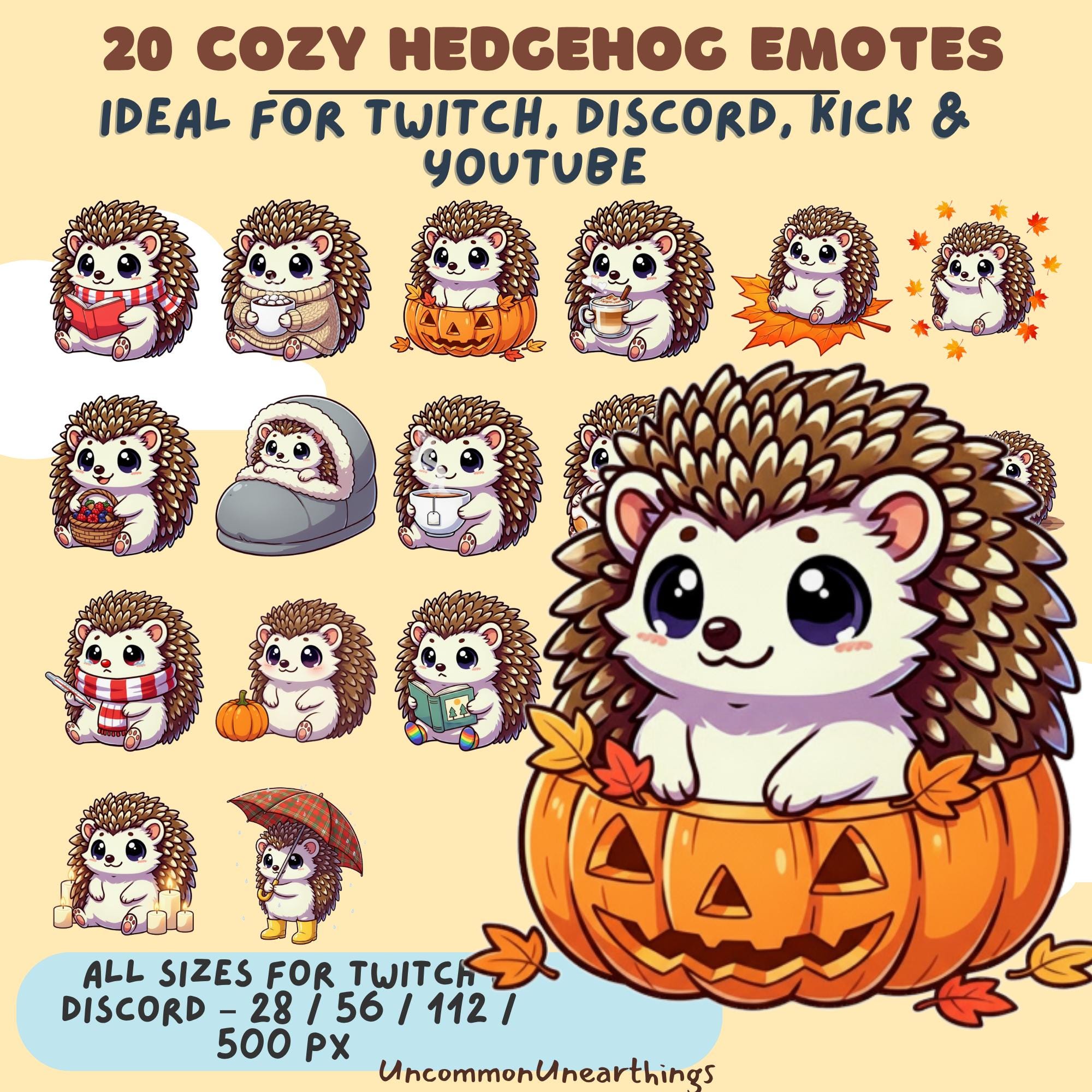 20 cozy hedgehog emotes for Twitch, Discord, Kick and YouTube in autumn theme with pumpkins and fall leaves