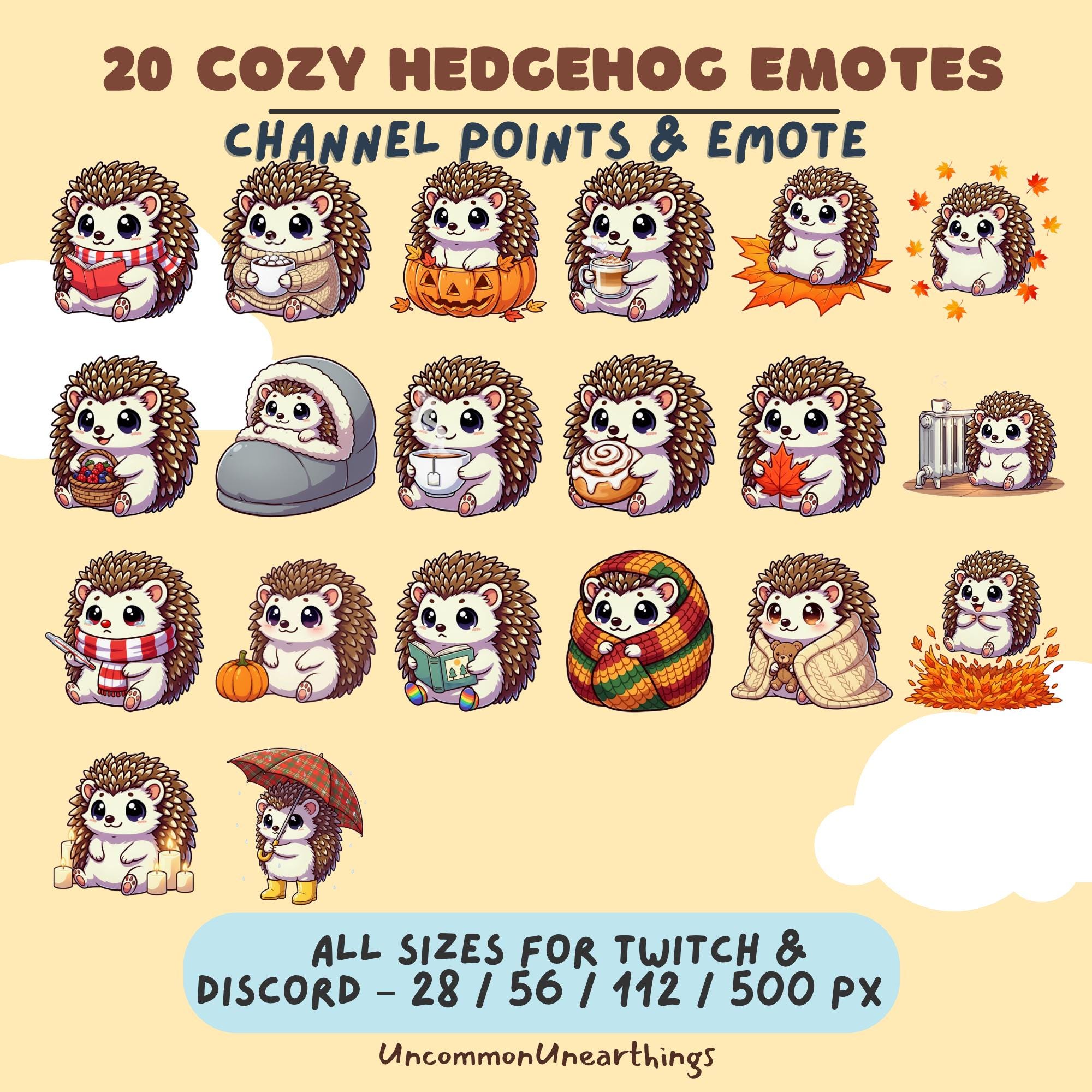 Cozy hedgehog emotes for Twitch and Discord in 4 sizes, featuring adorable autumn-themed character designs
