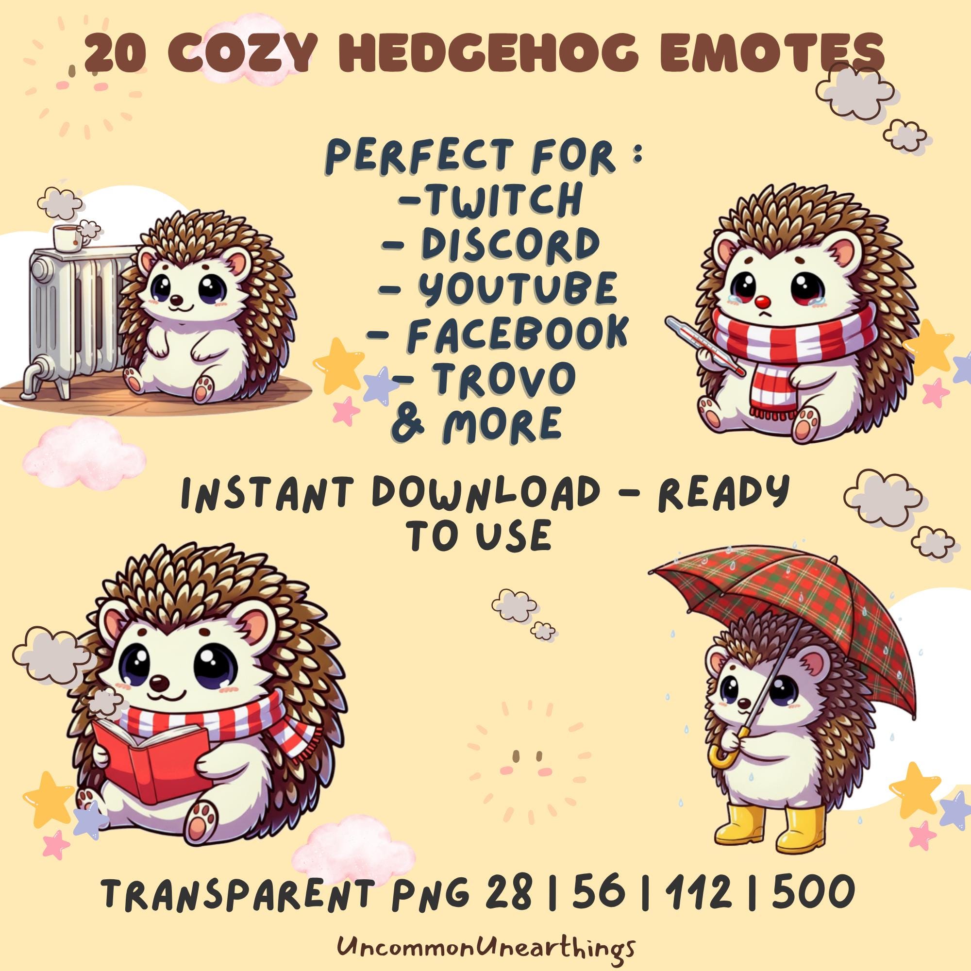 Cozy hedgehog emotes for Twitch Discord YouTube - 20 cute brown hedgehog characters with scarves umbrellas and books trans...
