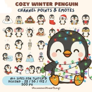 Cozy Winter Penguin Channel Points Emotes for Twitch and Discord - 28-500px Sizes