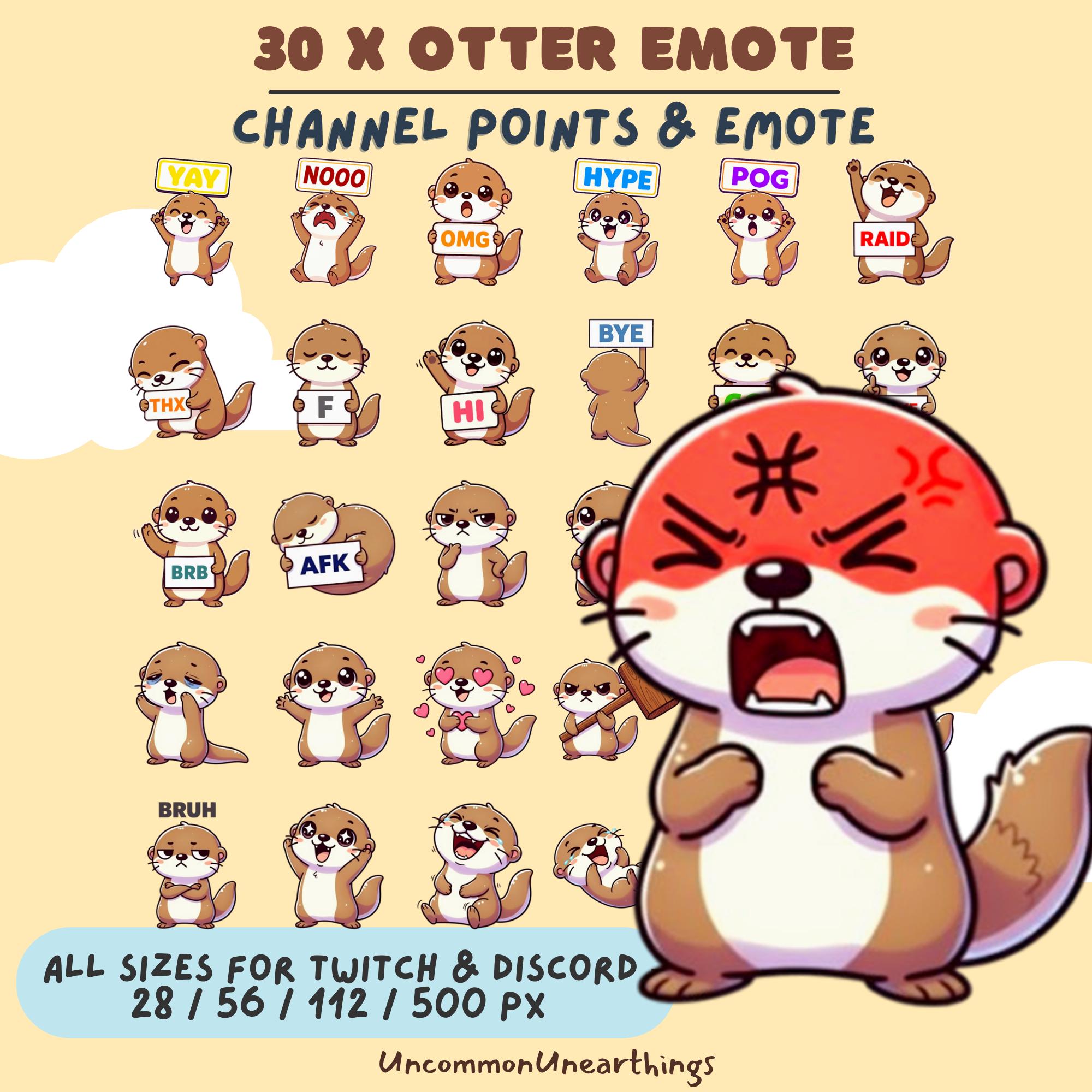 30 cute otter emotes for Twitch and Discord with channel points, including YAY, NOOP, OMG, HYPE, POG, RAID, THX, F, HI, BY...