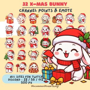 32 Christmas bunny emotes for Twitch and Discord in red Santa hats with festive designs and holiday themes