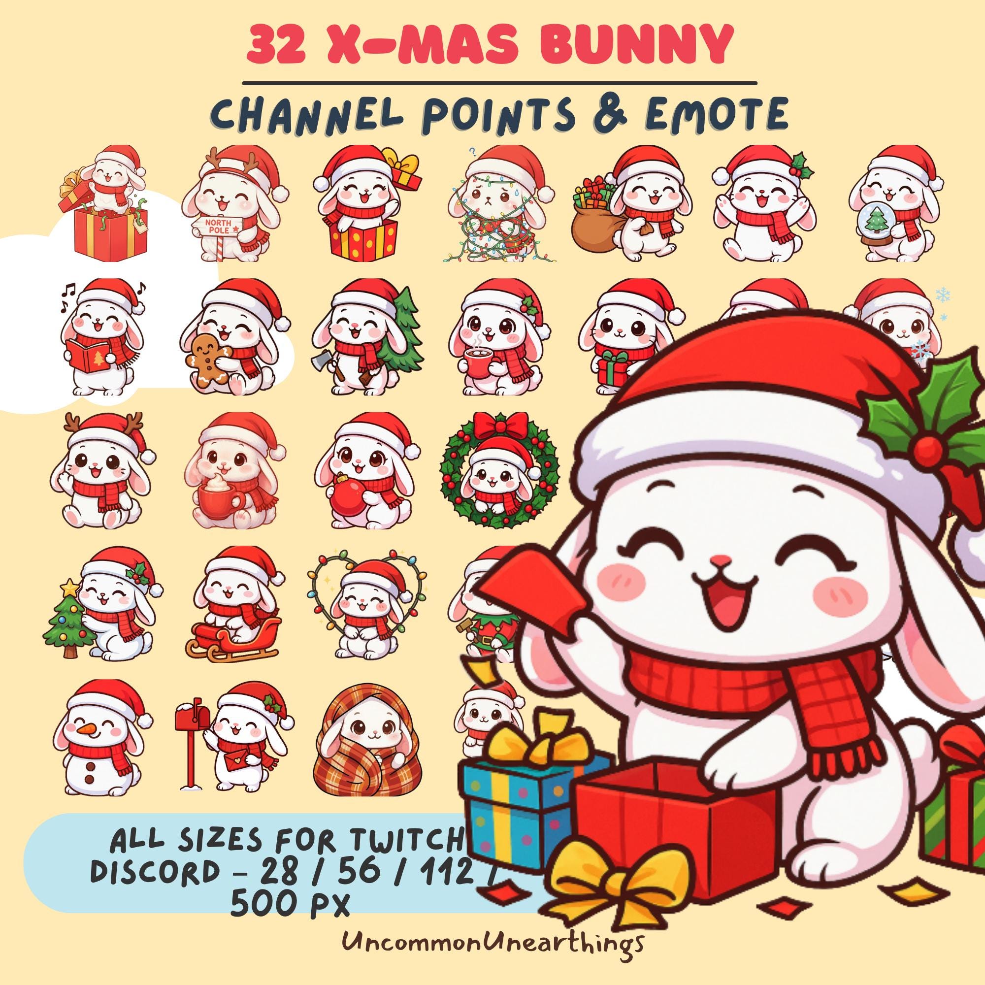 32 Christmas bunny emotes for Twitch and Discord in red Santa hats with festive designs and holiday themes