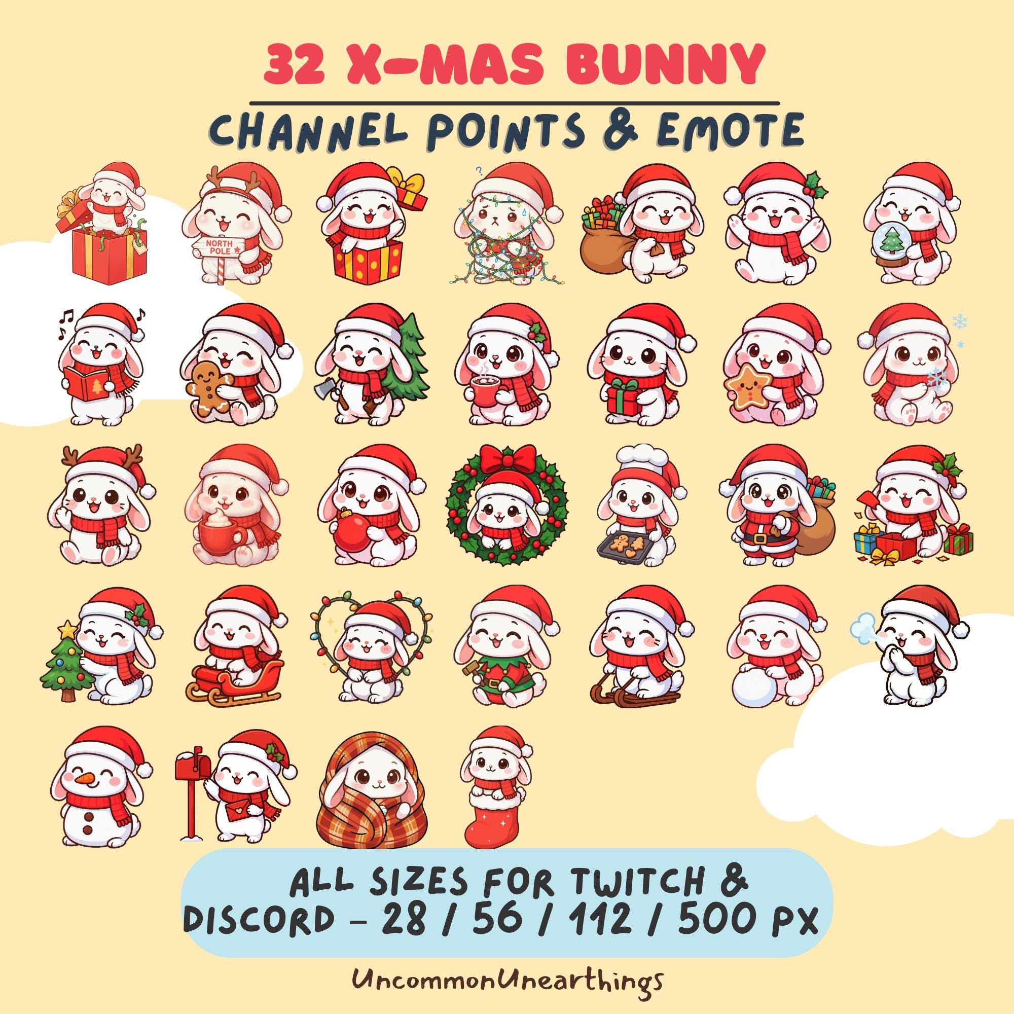 32 Christmas bunny emotes for Twitch and Discord in multiple sizes, cute holiday-themed channel points and emojis