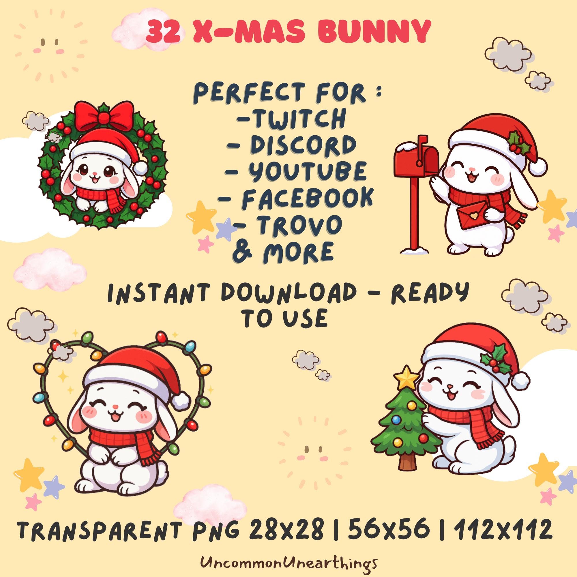 Cute Christmas bunny emote set for Twitch, Discord, YouTube, Facebook and Trovo streaming platforms