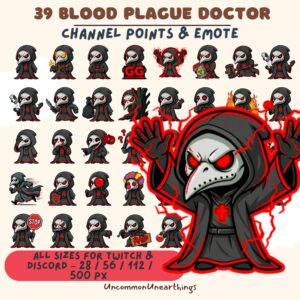 Blood Plague Doctor 39 Twitch Discord emotes with channel points and animated expressions in multiple sizes