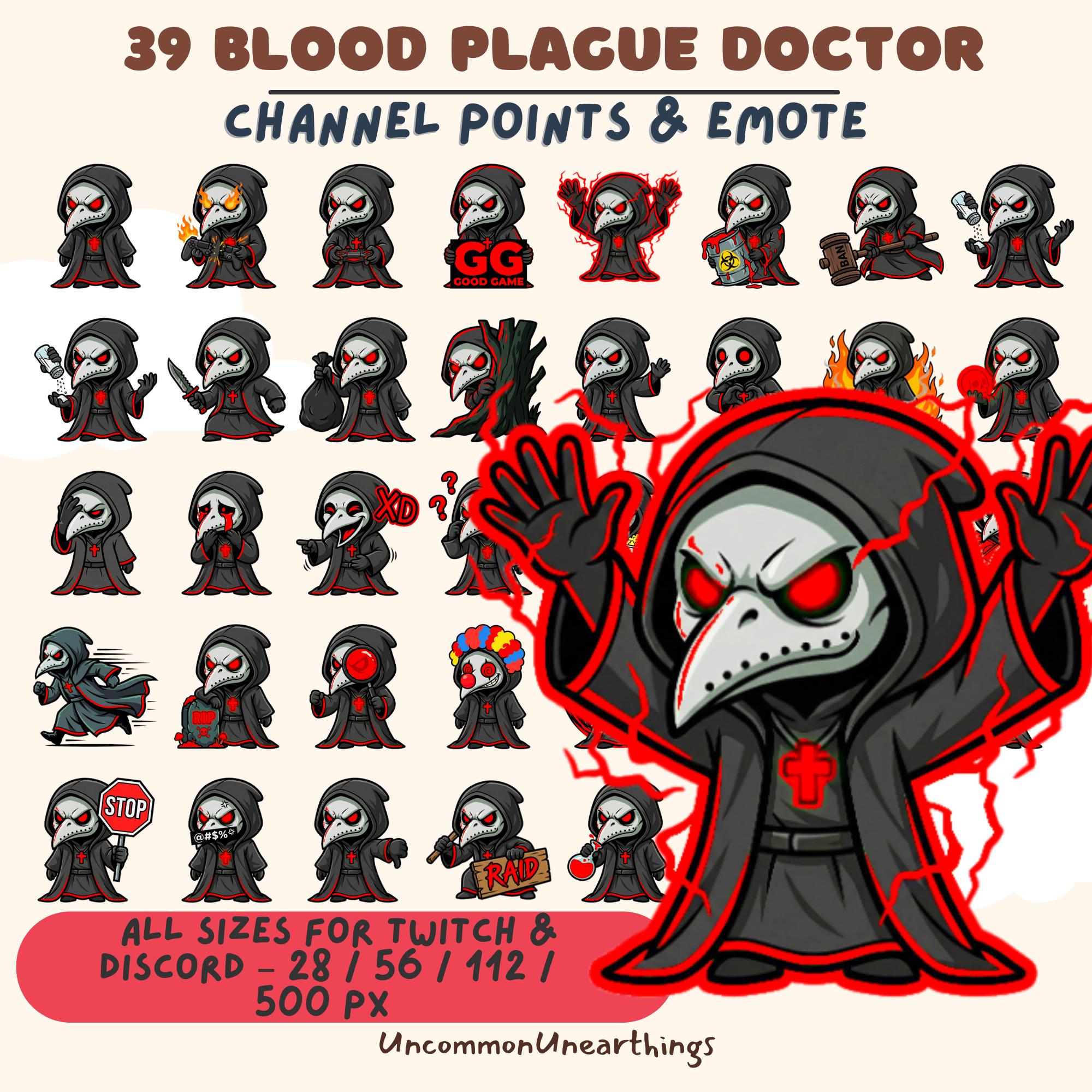 39 Blood Plague Doctor Emote Pack for Twitch Discord - Channel Points Emojis Red Black Reaper Character Art