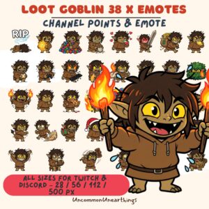 Loot Goblin 38x Emotes Pack for Twitch and Discord - Brown character emotes in multiple sizes