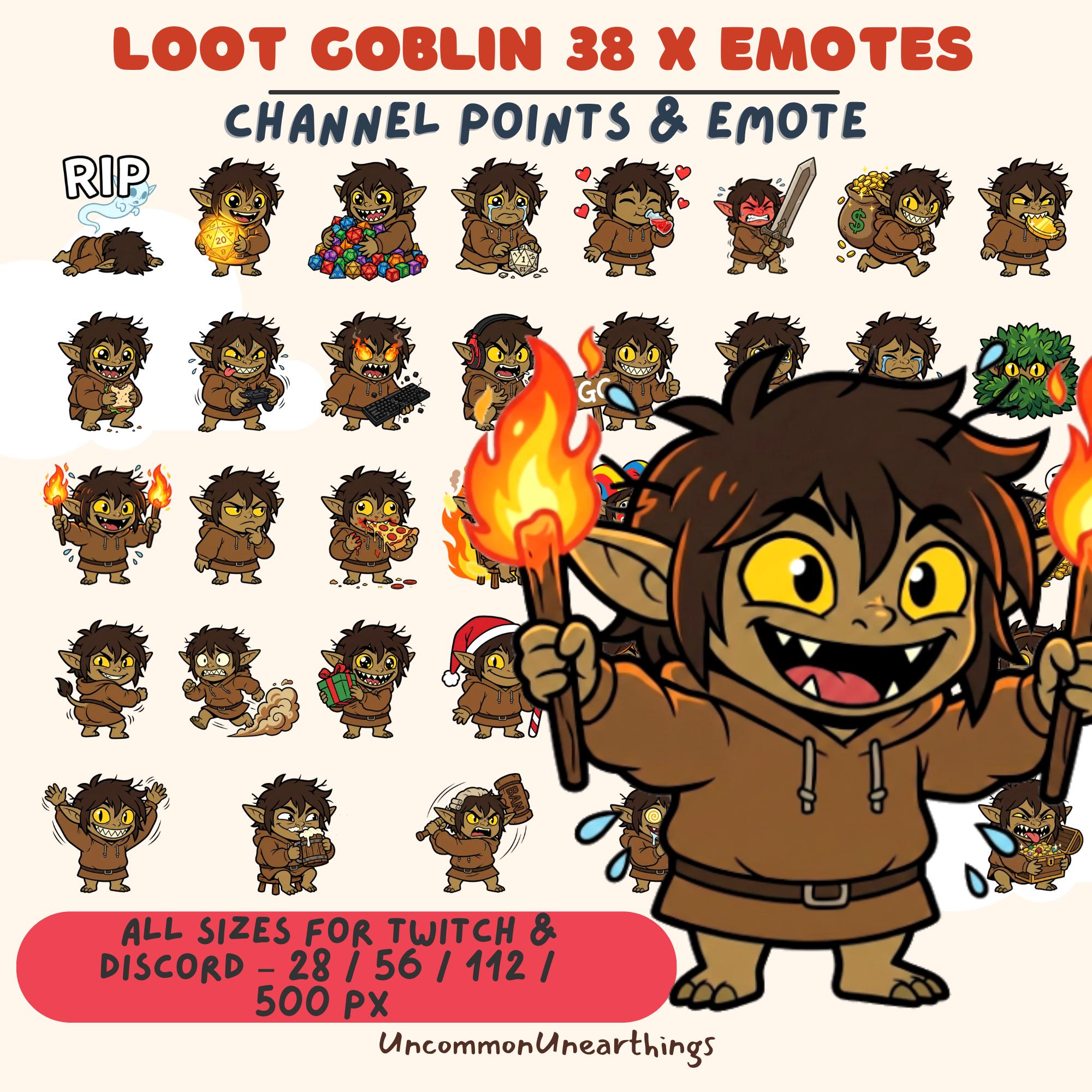 Loot Goblin 38x Twitch Discord emotes, brown goblin character with various expressions and poses, channel points emotes al...