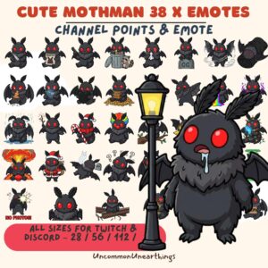 Cute Mothman 38x Twitch Discord emotes with channel points, all sizes 28-56-112 pixels