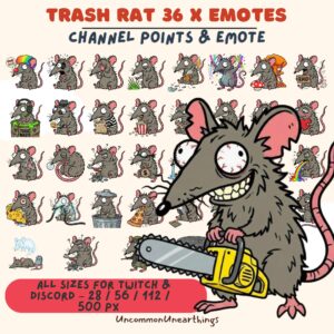 Trash Rat 36 custom emotes pack for Twitch and Discord in multiple sizes by UncommonUnearthings