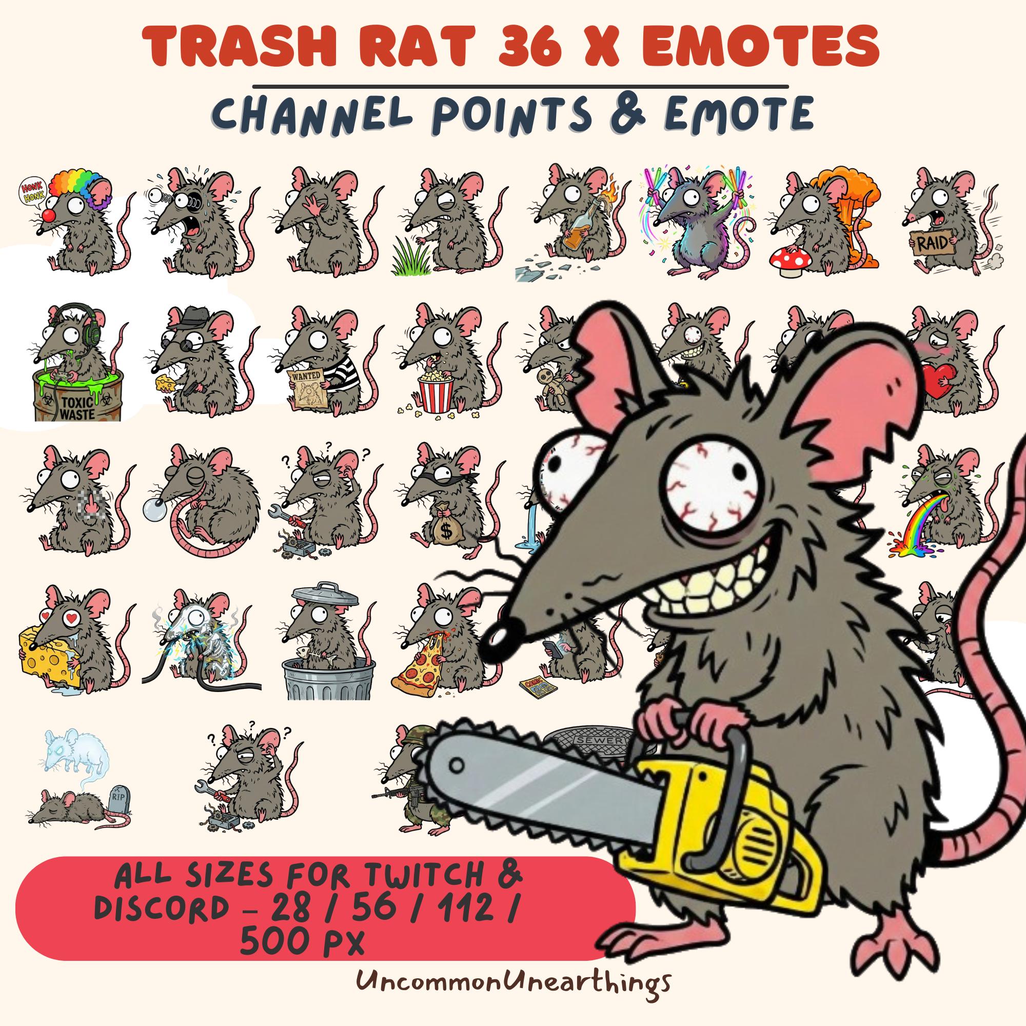 Trash Rat 36 custom emotes pack for Twitch and Discord in multiple sizes by UncommonUnearthings