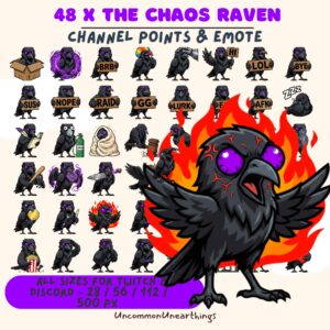 Chaos Raven 48 Twitch Discord emotes channel points - purple black bird emojis with text expressions BRB GG LURK AFK