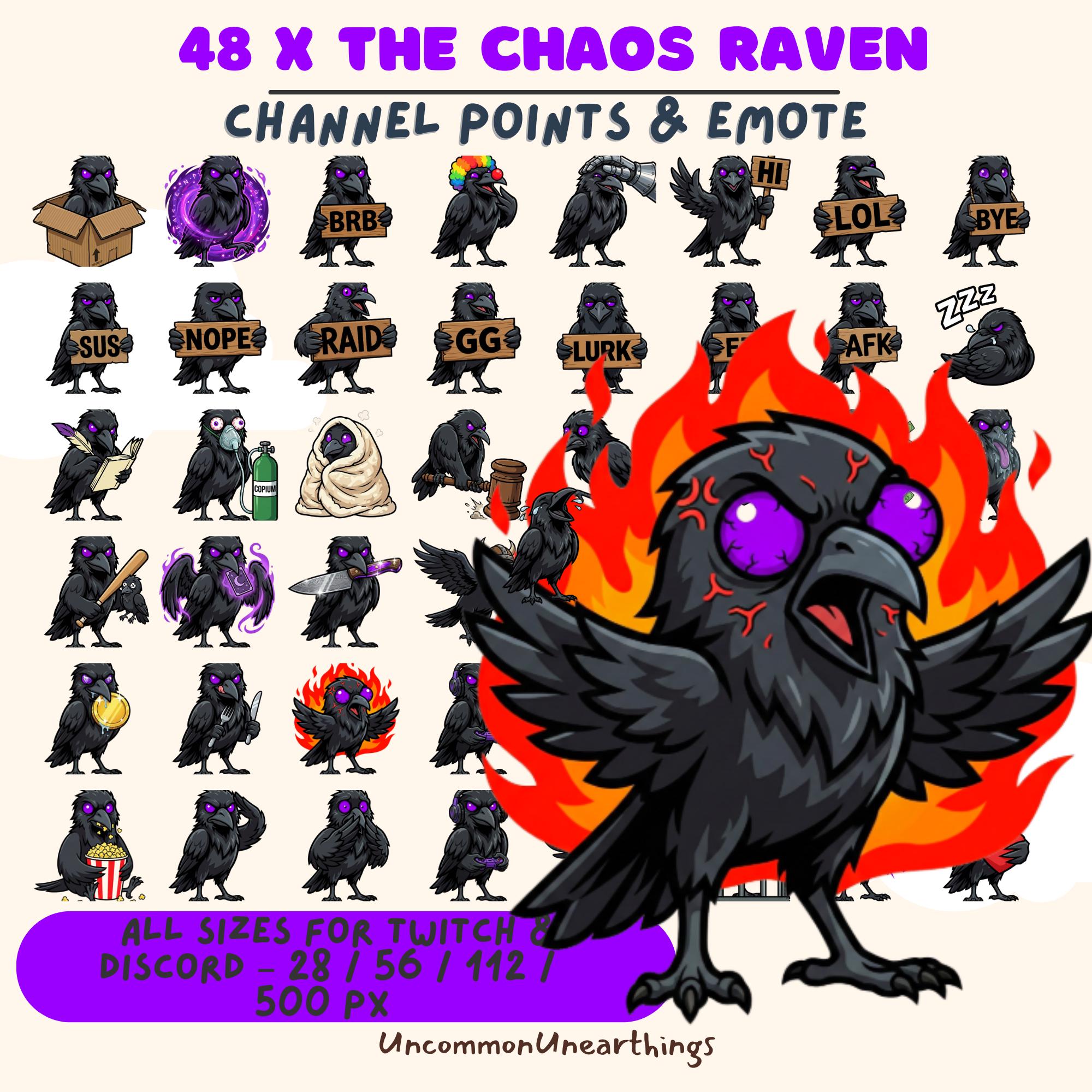 Chaos Raven 48 Twitch Discord emotes channel points - purple black bird emojis with text expressions BRB GG LURK AFK