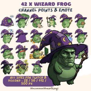 42x Wizard Frog emotes for Twitch and Discord in multiple sizes with magical themed expressions and accessories