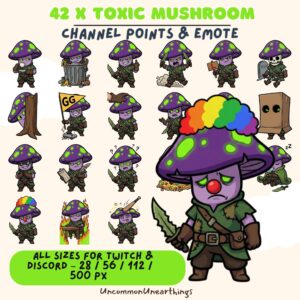 42x Toxic Mushroom Twitch Discord emotes and channel points with various expressions and poses in multiple sizes
