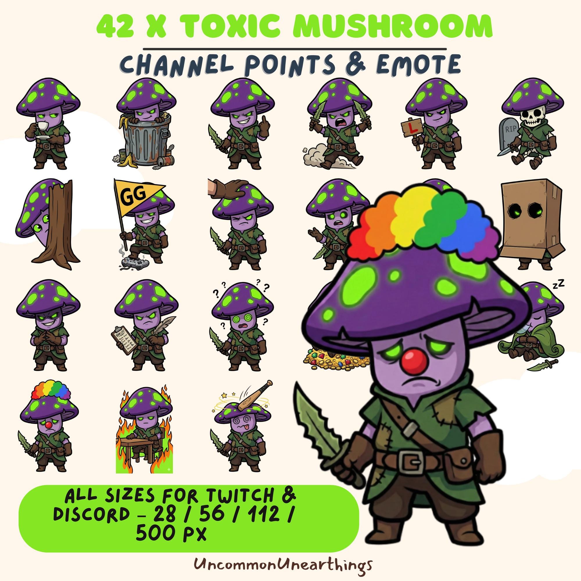 42x Toxic Mushroom Twitch Discord emotes and channel points with various expressions and poses in multiple sizes