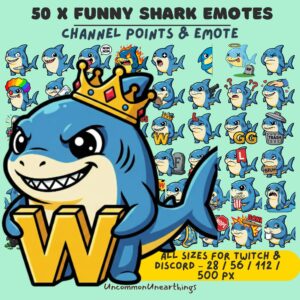 50 Funny Shark Emotes for Twitch Discord - Blue Shark Channel Points Emotes All Sizes
