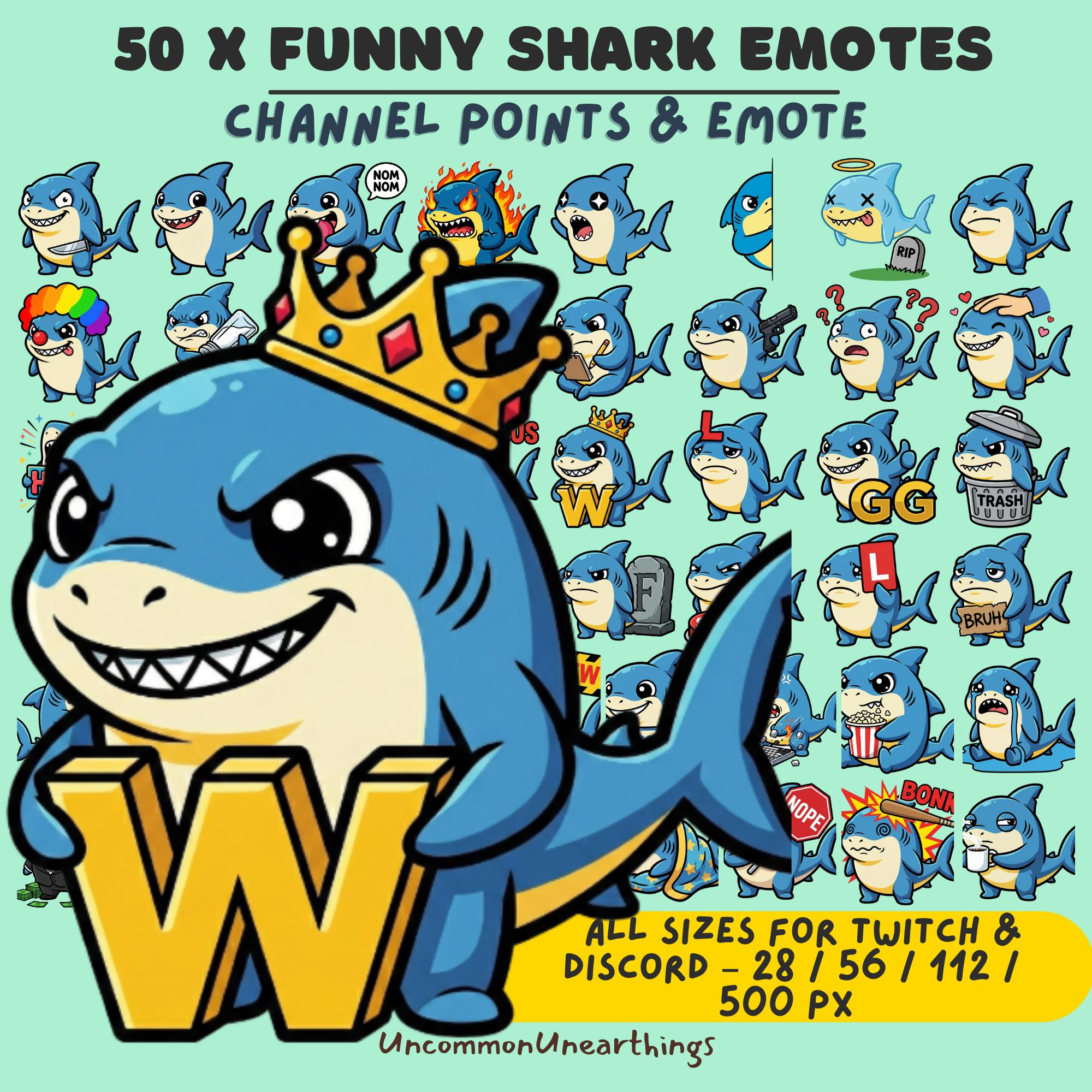 50 Funny Shark Emotes for Twitch Discord - Blue Shark Channel Points Emotes All Sizes