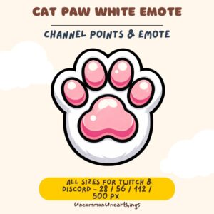Cat paw white emote with pink pads for Twitch Discord, 28-500px sizes by UncommonUnearthings