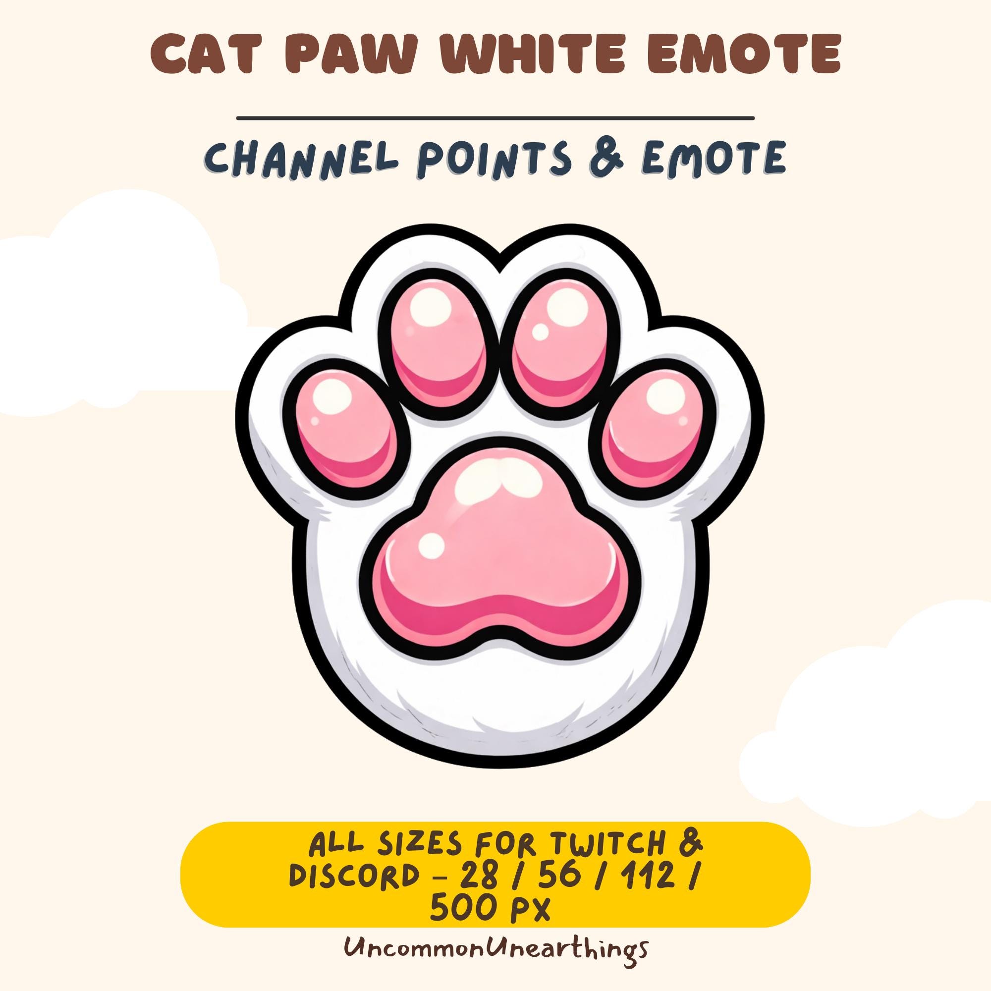 Cat paw white emote with pink pads for Twitch and Discord, multiple sizes available