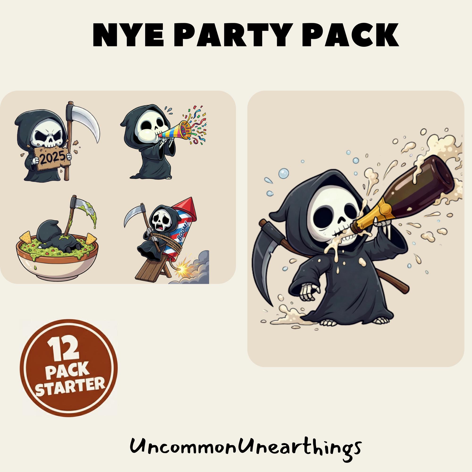 NYE Party Pack Grim Reaper emotes featuring 2025, celebration, money bowl, and champagne bottle designs for Twitch Discord