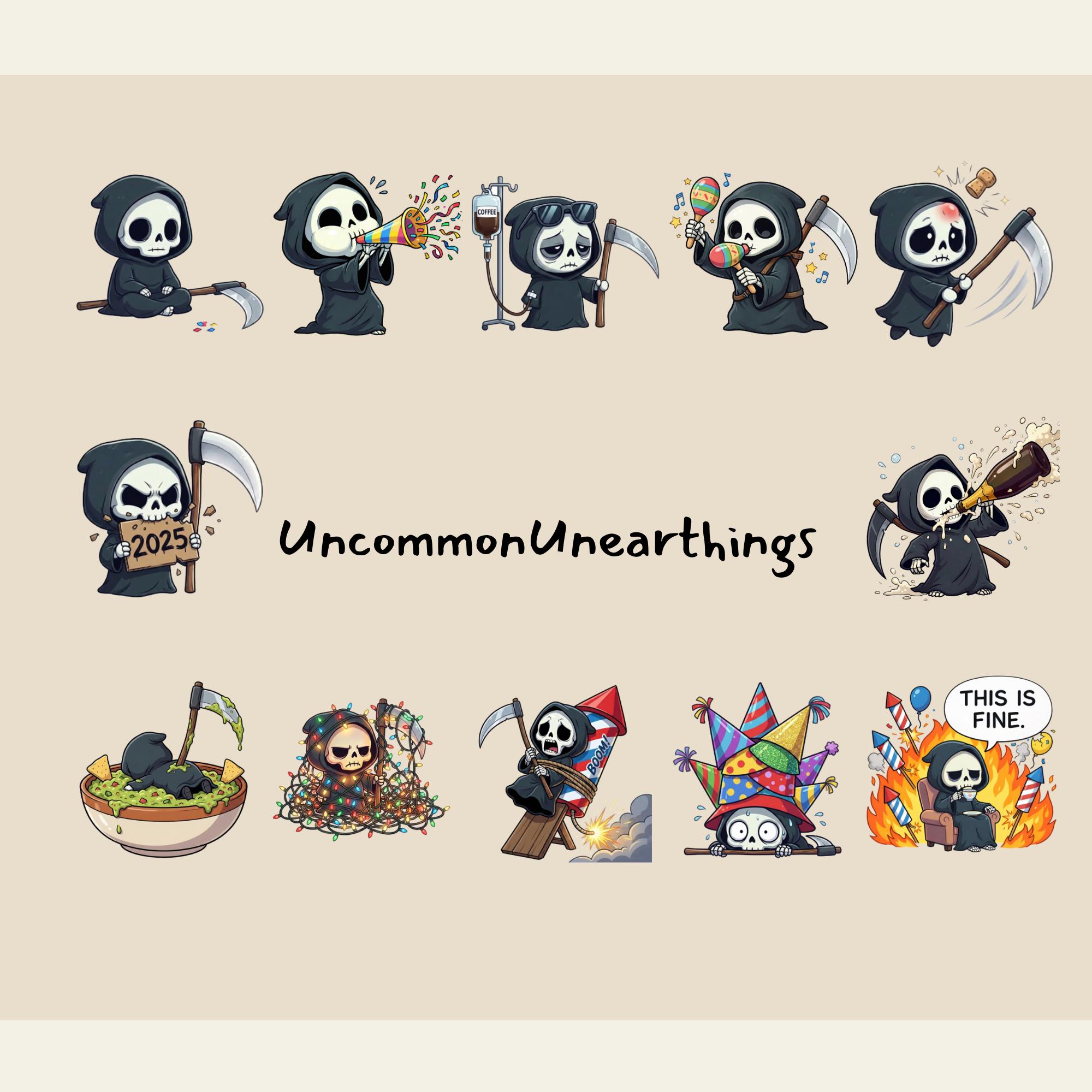 Cute grim reaper emote collection showing death character in various poses with party, celebration, and mischievous activi...