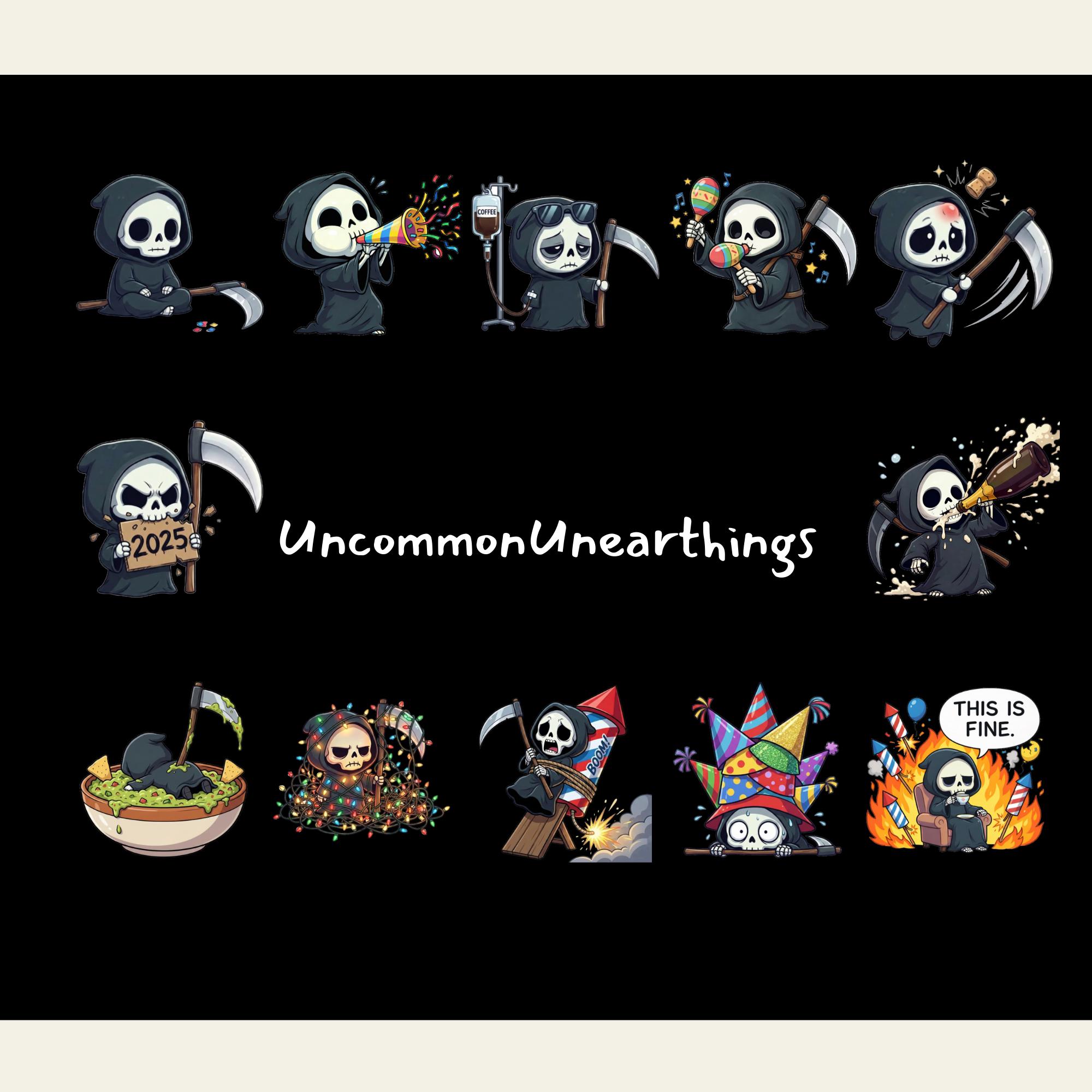 Cute Grim Reaper emote set featuring skeleton character in various poses with party, celebration, and chaotic themes for T...