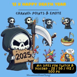 Happy Death Year 2025 Grim Reaper Twitch Discord Emotes - Cute Skeleton Channel Points Emojis Pack